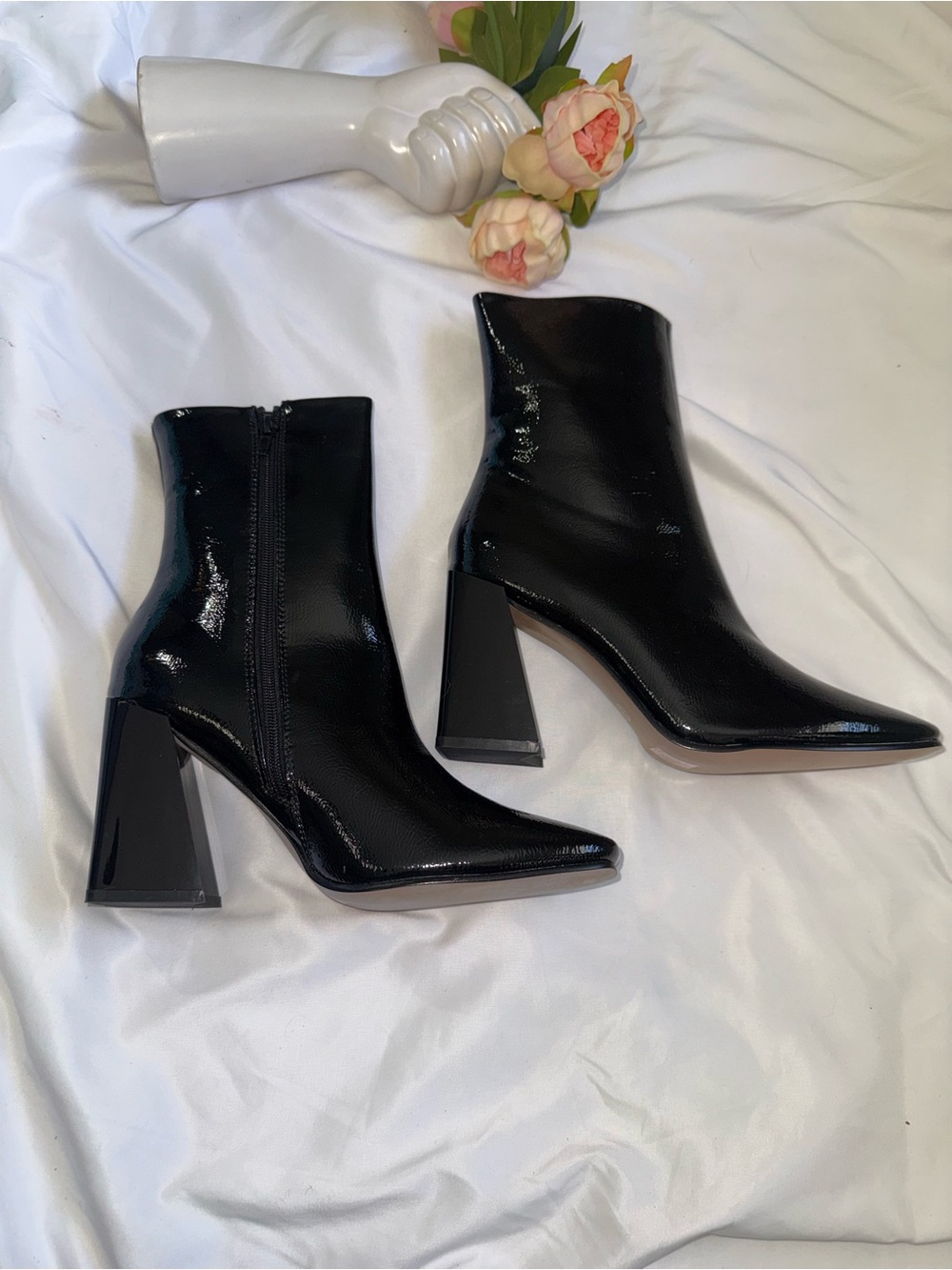 Nasty Gal Black Patent Pointed Block Heel Ankle Boots